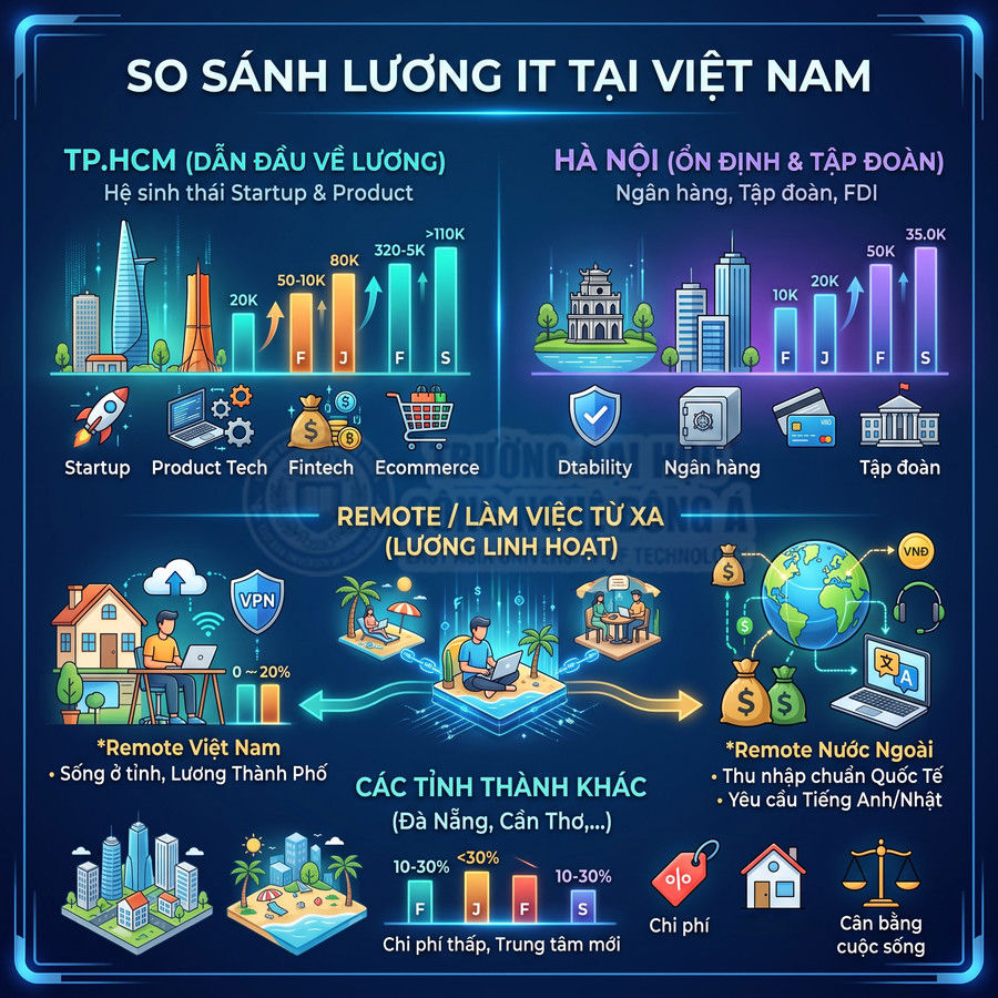 Infographic so sánh mức lương ngành IT tại TP.HCM, Hà Nội, các tỉnh và làm việc remote ở Việt Nam, nước ngoài