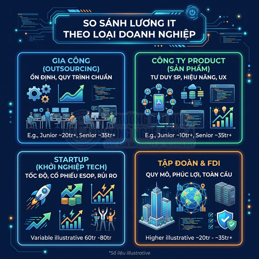 Infographic so sánh mức lương IT theo loại doanh nghiệp: outsourcing, product, startup, tập đoàn và FDI