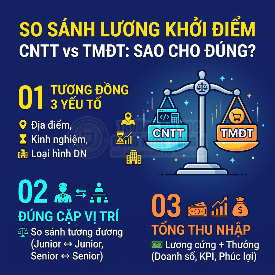 Infographic so sánh lương khởi điểm ngành CNTT và TMĐT theo địa điểm, kinh nghiệm, cấp bậc và tổng thu nhập