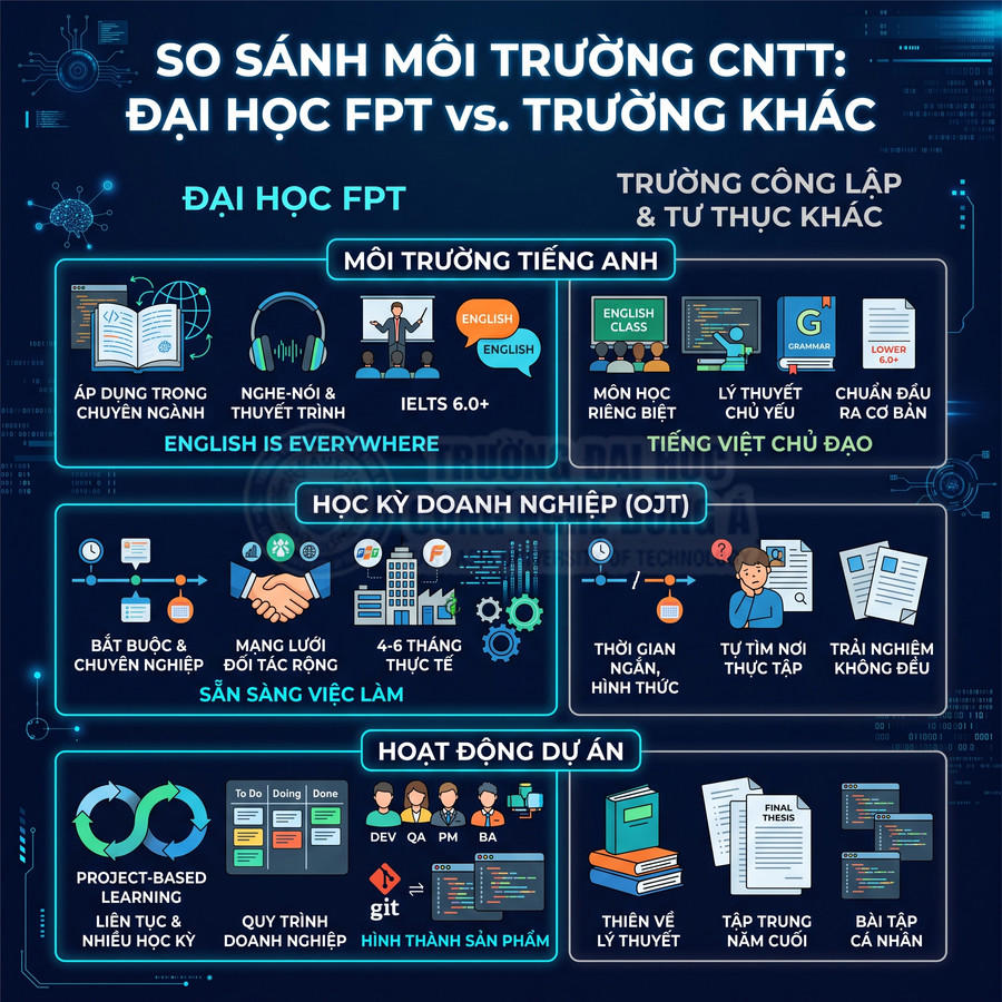 So sánh môi trường CNTT Đại học FPT và các trường khác về tiếng Anh, kỳ doanh nghiệp và hoạt động dự án