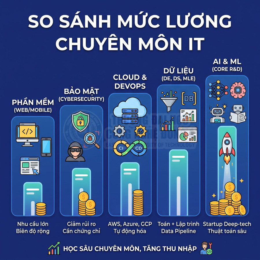 So sánh mức lương các chuyên môn IT như phần mềm, bảo mật, cloud DevOps, dữ liệu, AI và machine learning