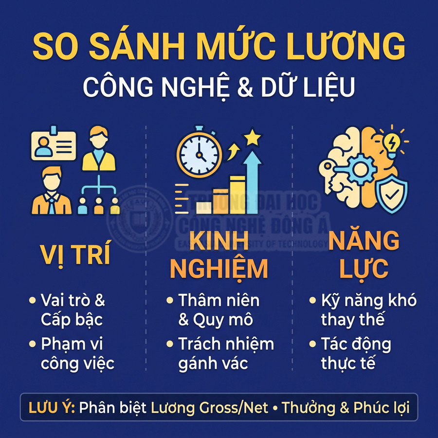 Infographic so sánh mức lương ngành công nghệ và dữ liệu theo vị trí, kinh nghiệm và năng lực, kèm lưu ý về lương gross net, thưởng và phúc lợi