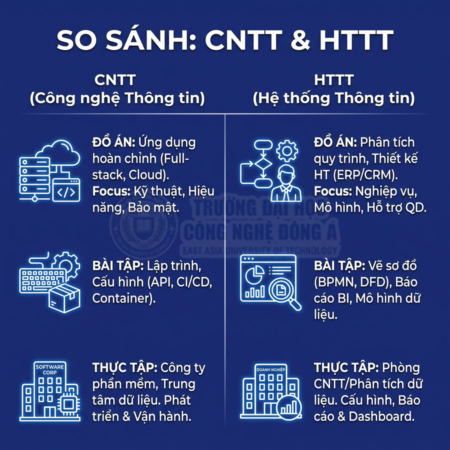 So sánh ngành Công nghệ thông tin và Hệ thống thông tin về đồ án, bài tập, thực tập tại Đại học Công nghệ Đông Á