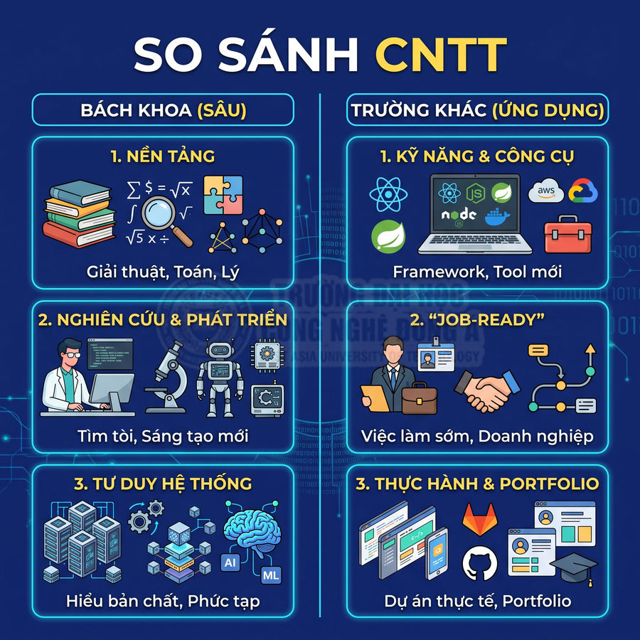 So sánh ngành CNTT Bách khoa và trường ứng dụng về nền tảng, nghiên cứu, tư duy, kỹ năng và thực hành