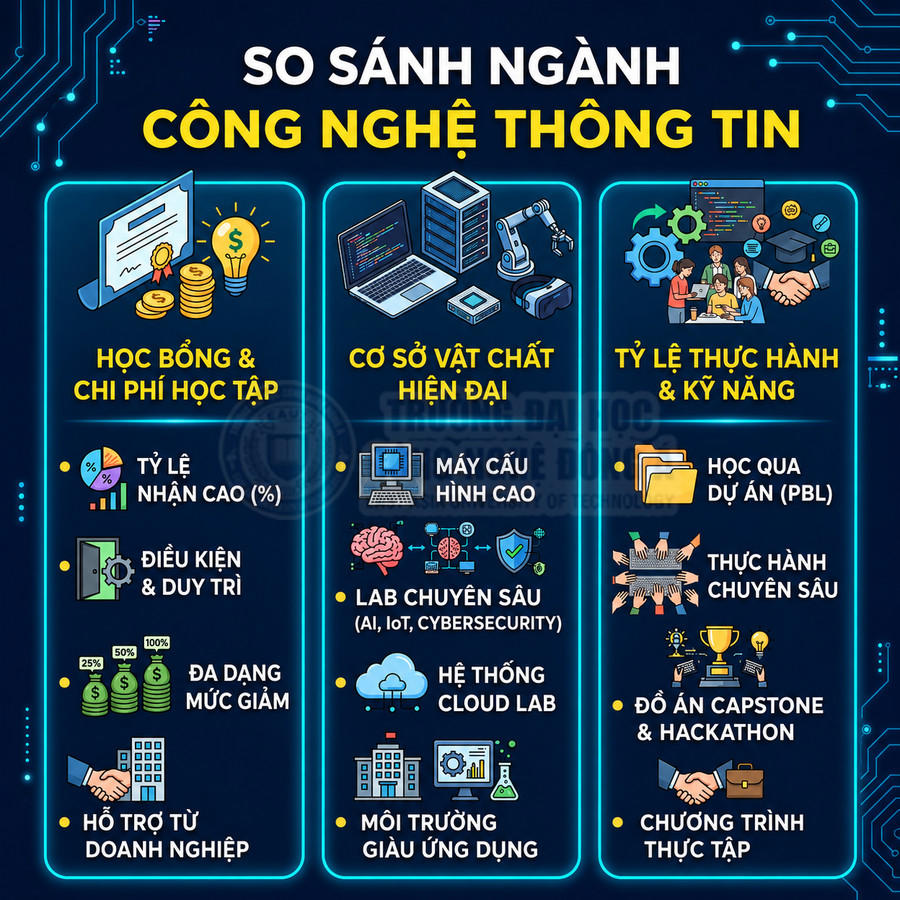 Infographic so sánh ngành công nghệ thông tin về học bổng, cơ sở vật chất hiện đại và tỷ lệ thực hành kỹ năng