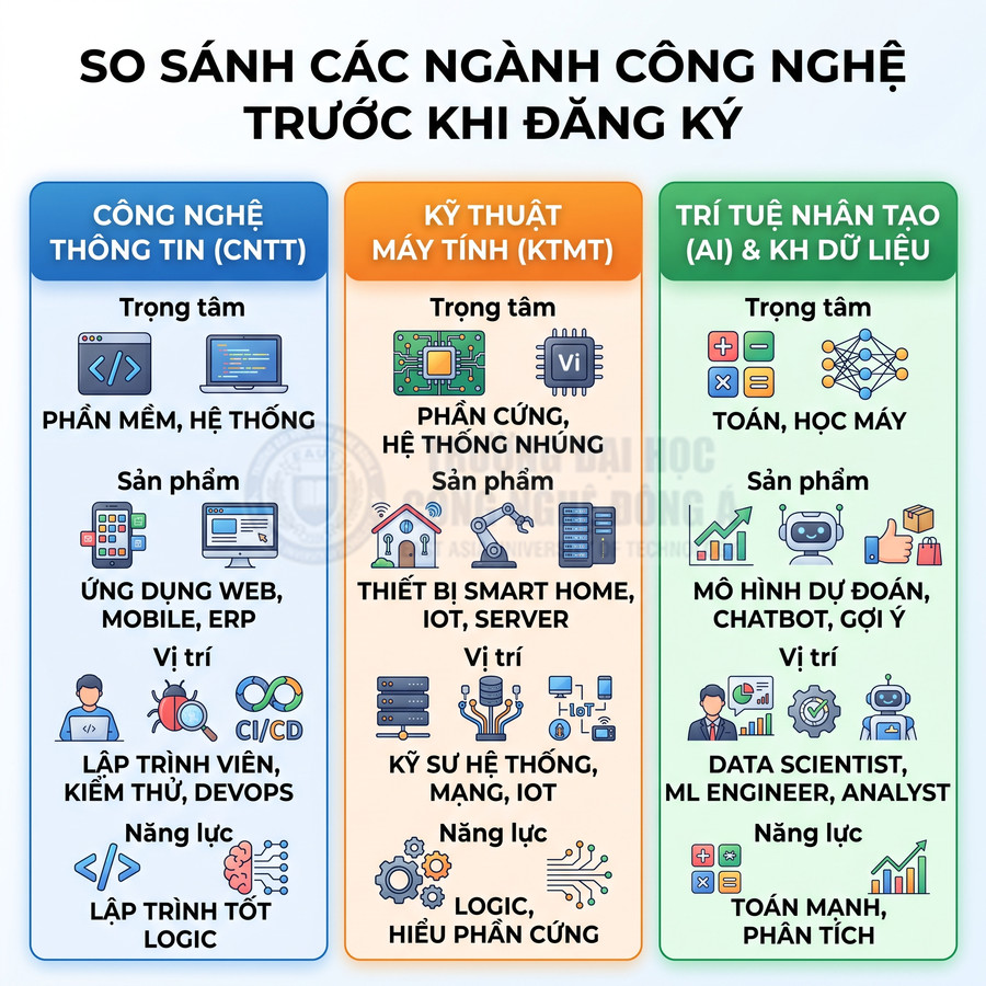 So sánh ngành CNTT, Kỹ thuật máy tính và Trí tuệ nhân tạo qua trọng tâm, sản phẩm, vị trí việc làm, năng lực cần có
