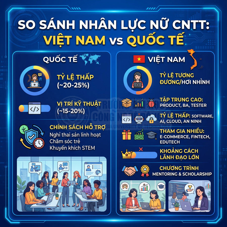 Infographic so sánh nhân lực nữ ngành CNTT Việt Nam và quốc tế với các số liệu, biểu đồ và minh họa nữ lập trình viên