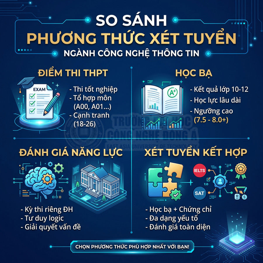 So sánh các phương thức xét tuyển ngành Công nghệ thông tin: điểm thi THPT, học bạ, đánh giá năng lực, xét tuyển kết hợp