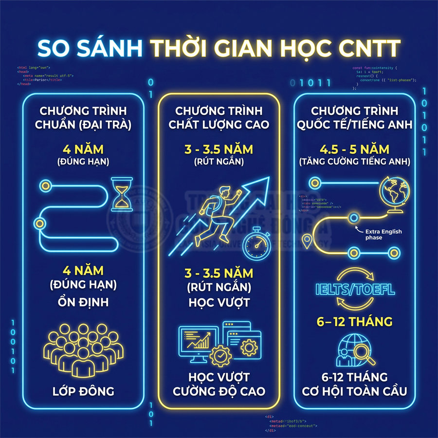 Infographic so sánh thời gian học các chương trình đào tạo công nghệ thông tin chuẩn, chất lượng cao và quốc tế