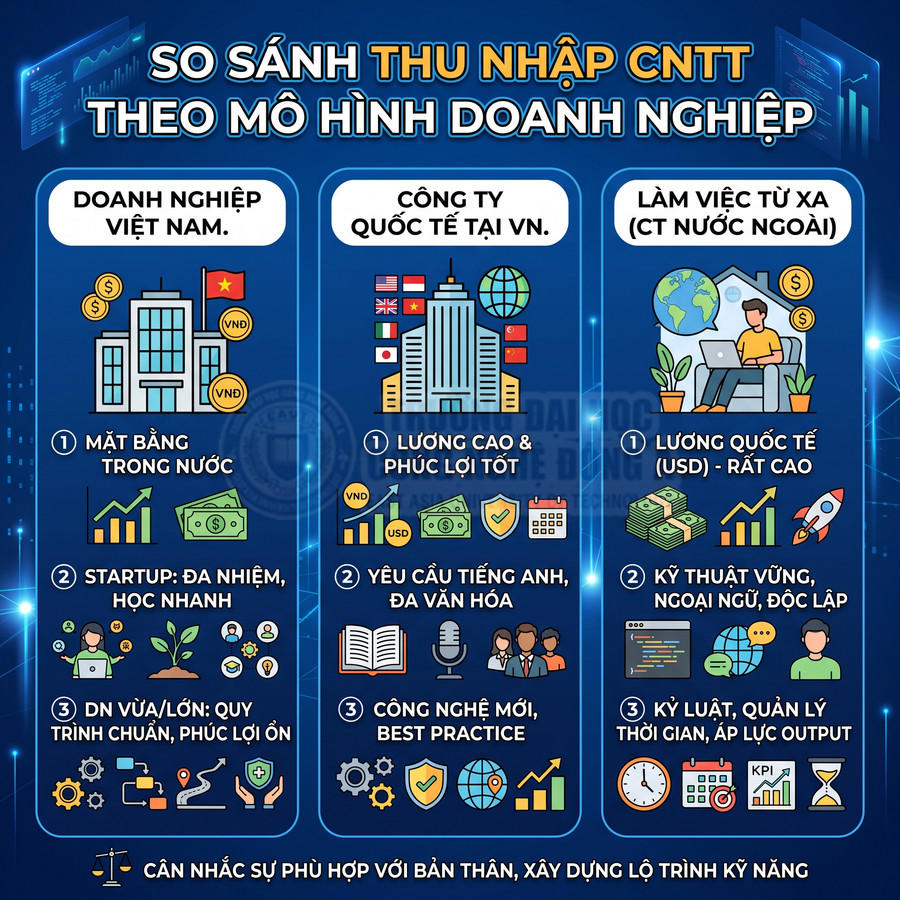 Infographic so sánh thu nhập ngành CNTT giữa doanh nghiệp Việt Nam, công ty quốc tế tại Việt Nam và làm việc từ xa