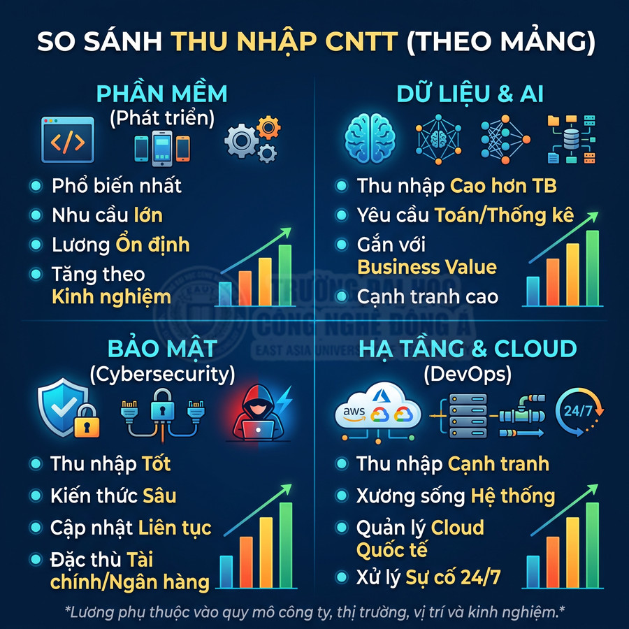 Infographic so sánh thu nhập các mảng CNTT: phần mềm, dữ liệu AI, bảo mật, hạ tầng và cloud DevOps