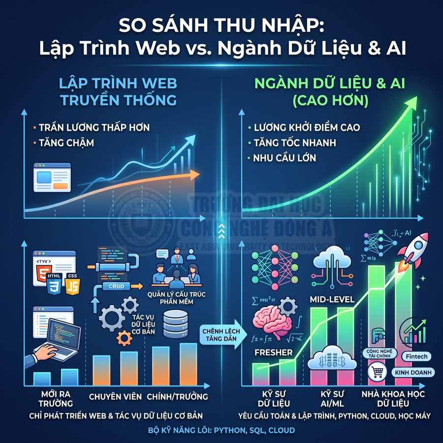Infographic so sánh thu nhập lập trình web truyền thống với ngành dữ liệu và AI, nhấn mạnh lương AI cao hơn