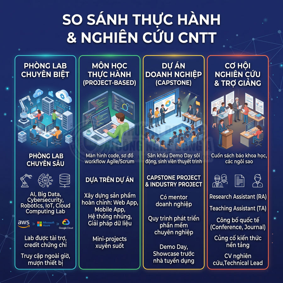 So sánh các hình thức thực hành và nghiên cứu ngành CNTT với phòng lab, dự án doanh nghiệp và cơ hội trợ giảng