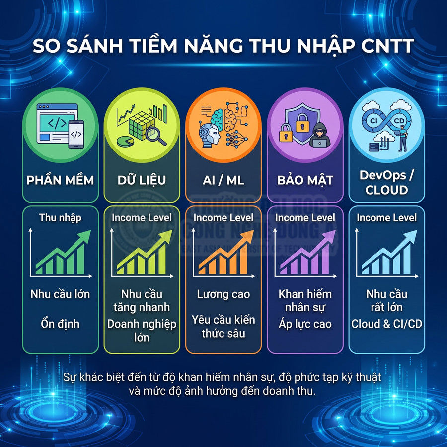 So sánh tiềm năng thu nhập các ngành CNTT: Phần mềm, Dữ liệu, AI ML, Bảo mật, DevOps Cloud với biểu đồ tăng trưởng