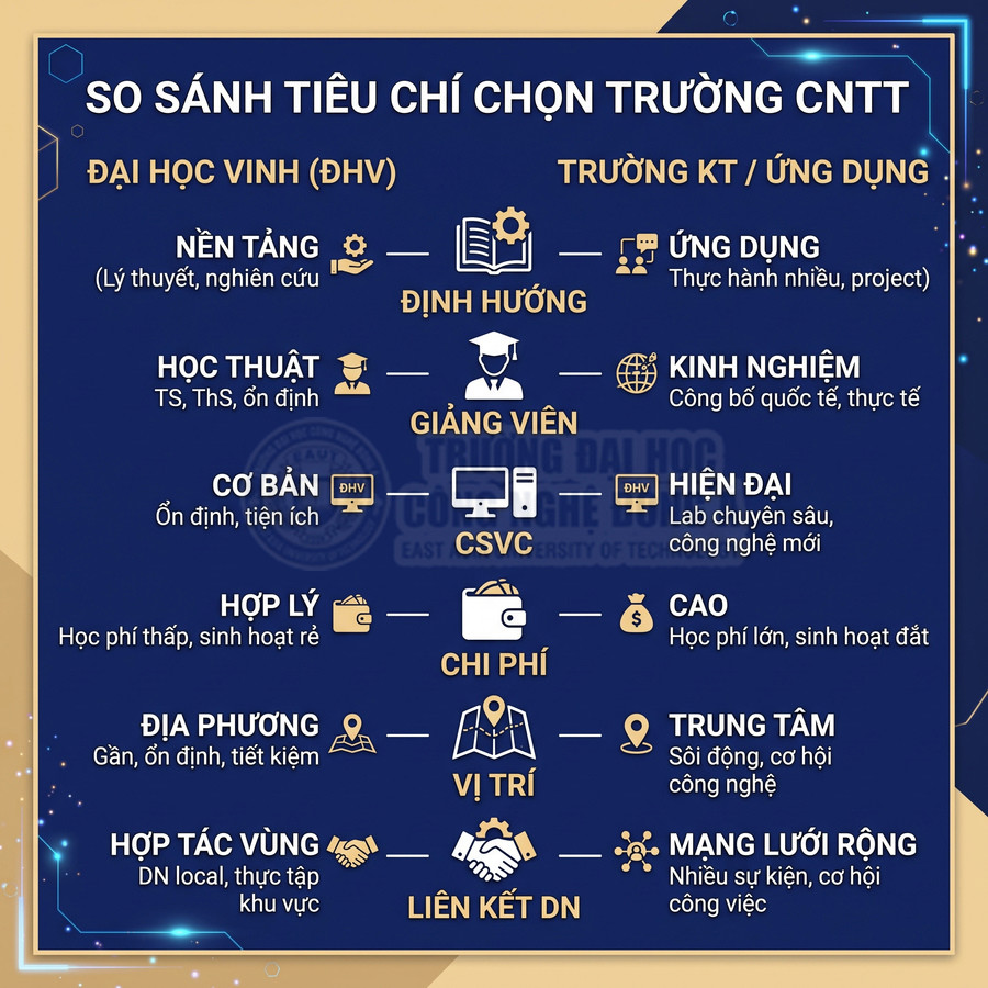 So sánh tiêu chí chọn trường CNTT giữa Đại học Vinh và trường kinh tế ứng dụng, nêu rõ ưu nhược điểm từng bên