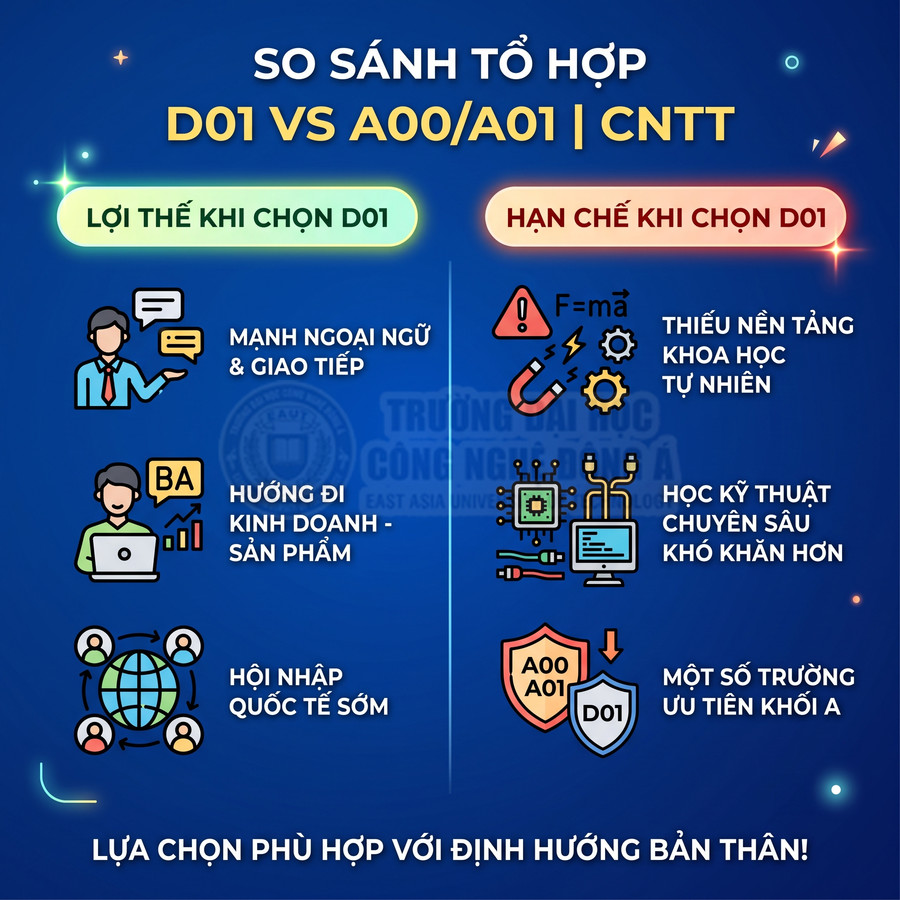Infographic so sánh tổ hợp D01 với A00 A01 trong ngành CNTT, nêu ưu điểm và hạn chế khi chọn D01