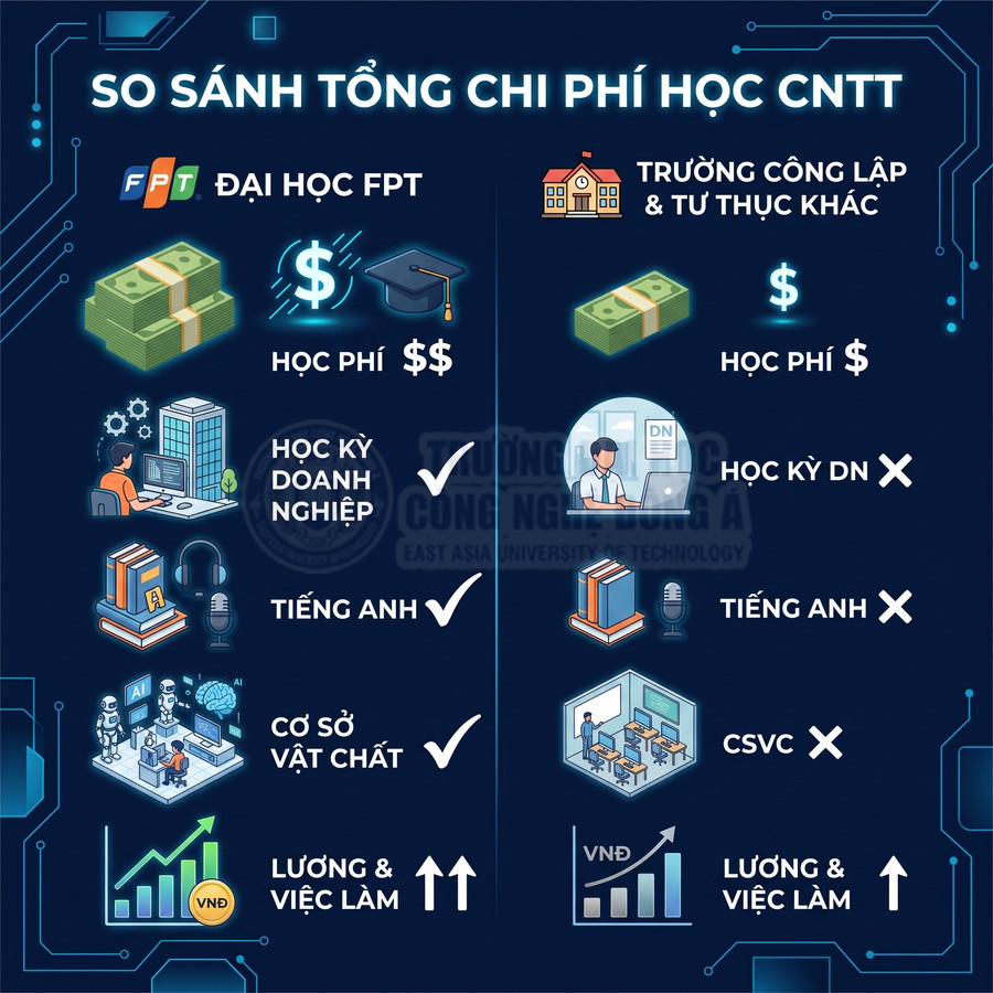 Infographic so sánh tổng chi phí học CNTT giữa Đại học FPT và các trường công lập, tư thục khác