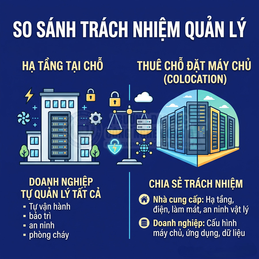 So sánh trách nhiệm quản lý hạ tầng máy chủ tại chỗ và dịch vụ thuê chỗ đặt máy chủ colocation