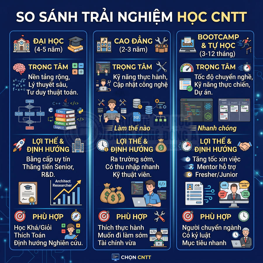 Infographic so sánh trải nghiệm học CNTT giữa đại học, cao đẳng và bootcamp tự học
