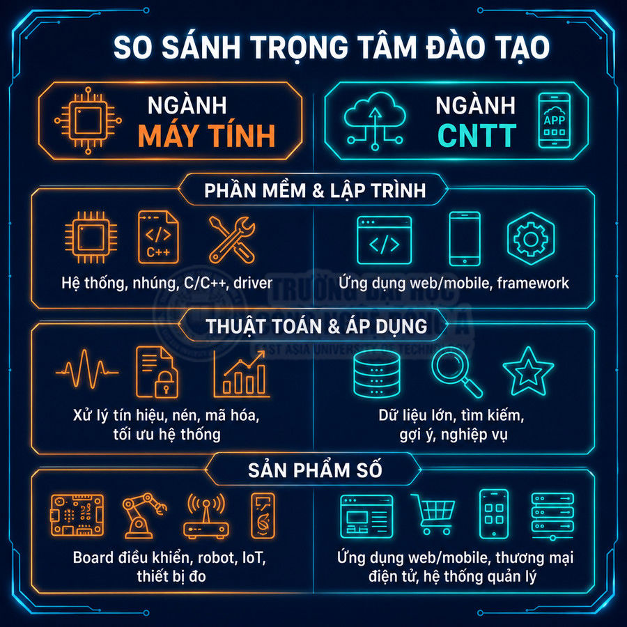 So sánh trọng tâm đào tạo ngành Máy tính và ngành Công nghệ thông tin với các mảng phần mềm, thuật toán, sản phẩm số