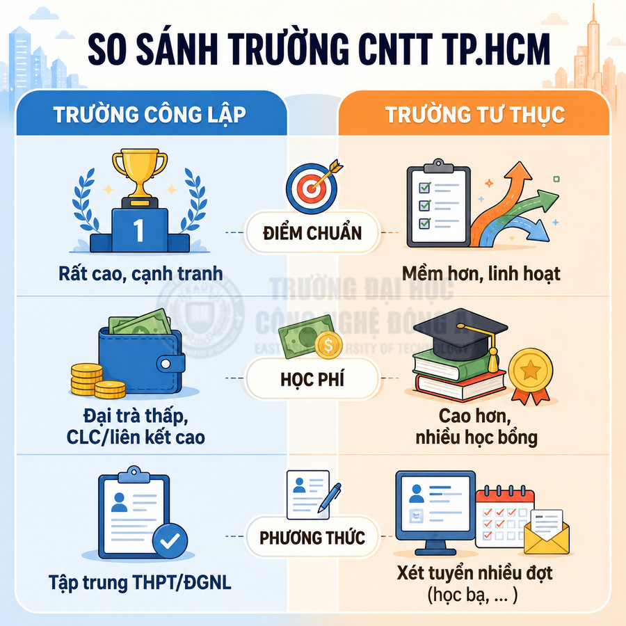 So sánh điểm chuẩn, học phí, phương thức tuyển sinh trường CNTT công lập và tư thục tại TP.HCM