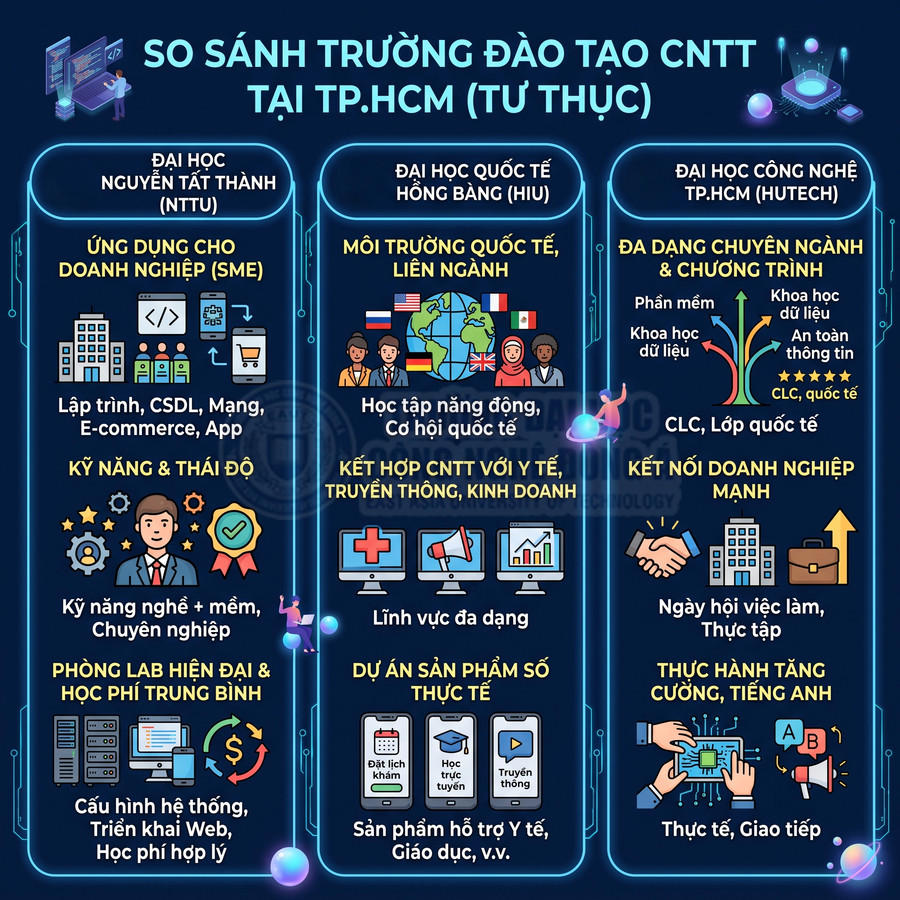 Infographic so sánh chương trình đào tạo CNTT của NTTU, HIU và HUTECH tại TP.HCM dành cho sinh viên