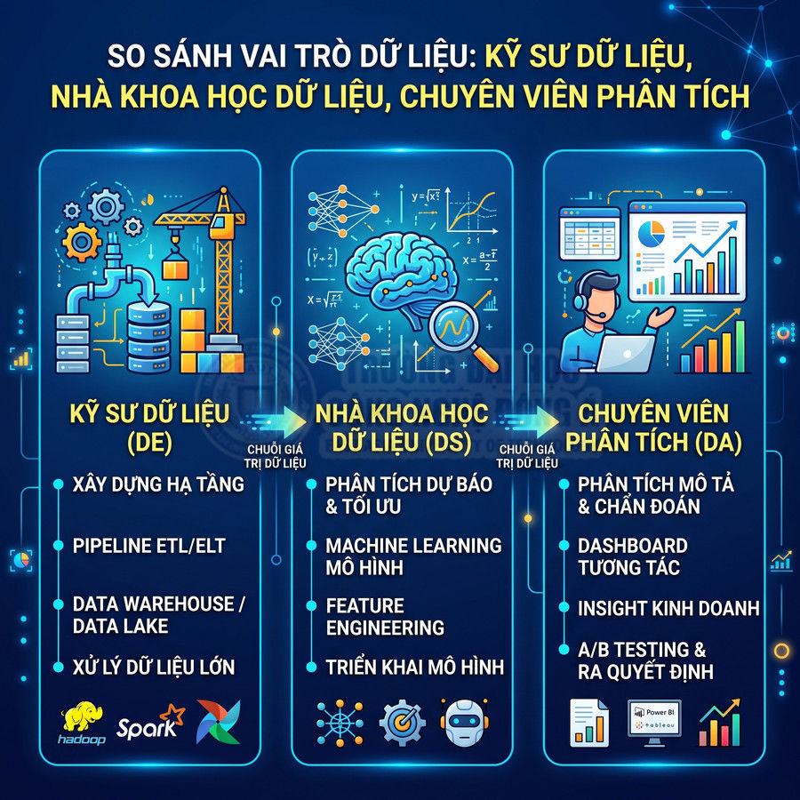 Infographic so sánh vai trò kỹ sư dữ liệu, nhà khoa học dữ liệu và chuyên viên phân tích dữ liệu