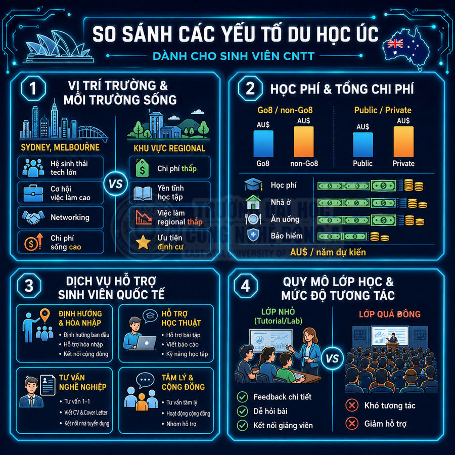 Infographic so sánh các yếu tố du học Úc cho sinh viên CNTT về vị trí, chi phí, hỗ trợ và quy mô lớp học