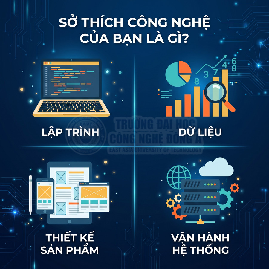Poster giới thiệu các lĩnh vực công nghệ: lập trình, dữ liệu, thiết kế sản phẩm, vận hành hệ thống