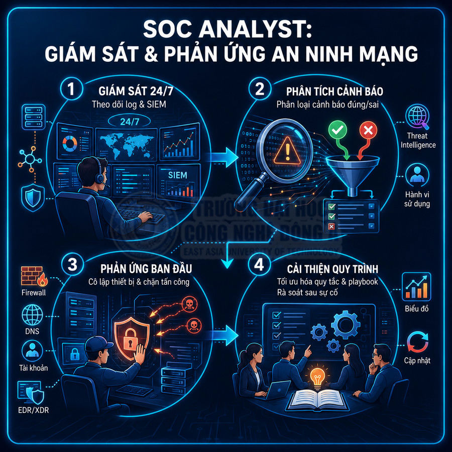 Mô tả quy trình làm việc của SOC Analyst trong giám sát và phản ứng sự cố an ninh mạng