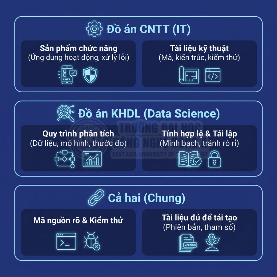 Infographic tiêu chí đánh giá đồ án CNTT, khoa học dữ liệu và yêu cầu chung về mã nguồn, kiểm thử, tài liệu tái tạo