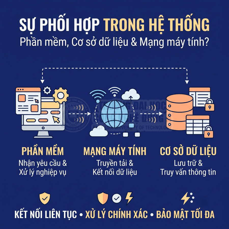 Phần mềm, mạng máy tính và cơ sở dữ liệu phối hợp xử lý, truyền tải và lưu trữ thông tin an toàn liên tục