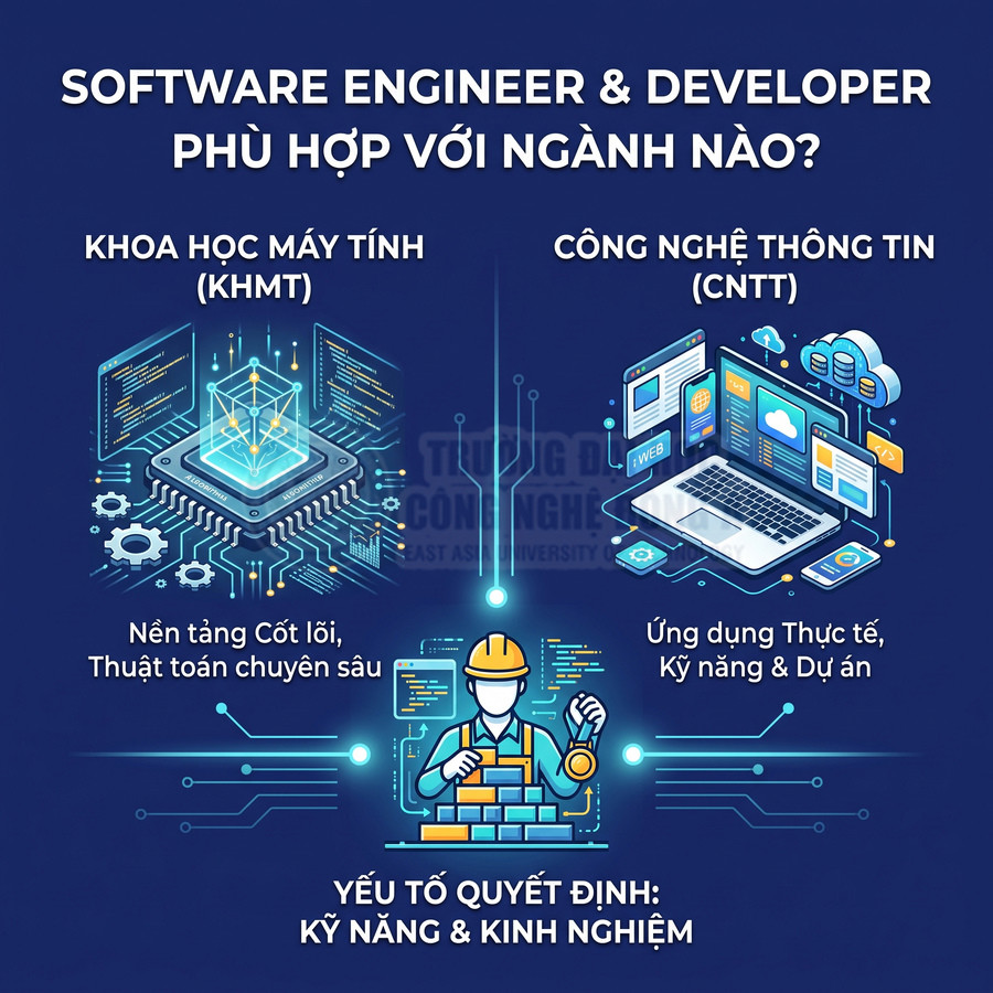 So sánh ngành Khoa học máy tính và Công nghệ thông tin cho Software Engineer và Developer, nhấn mạnh kỹ năng và kinh nghiệm