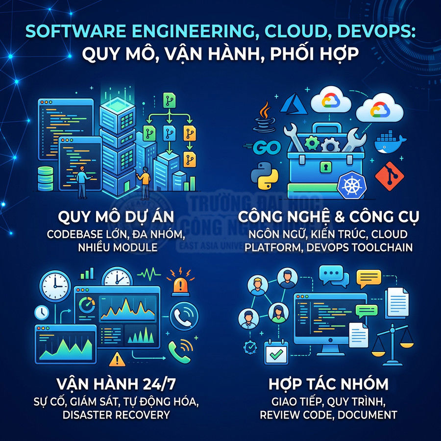 Mô tả ngành Software Engineering Cloud DevOps với quy mô dự án vận hành 247 công nghệ công cụ và hợp tác nhóm