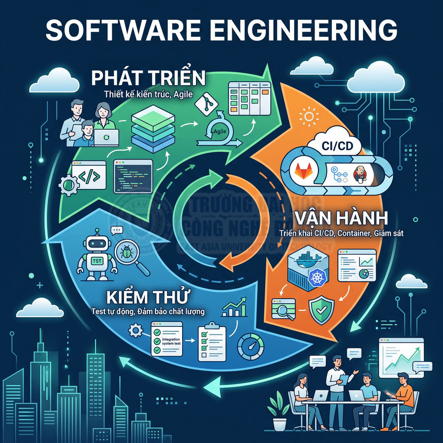 Mô hình vòng đời kỹ sư phần mềm với các giai đoạn phát triển, kiểm thử, vận hành và CI CD minh họa trực quan