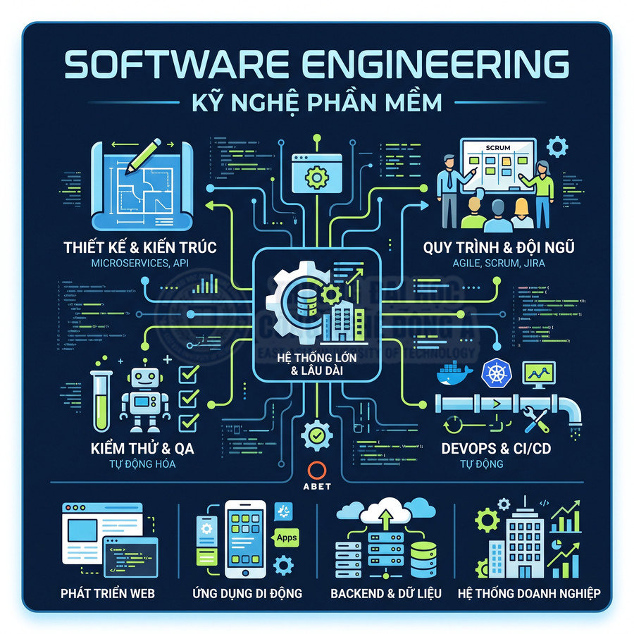 Infographic kỹ nghệ phần mềm với các mảng thiết kế kiến trúc, quy trình Agile, kiểm thử, DevOps và phát triển ứng dụng