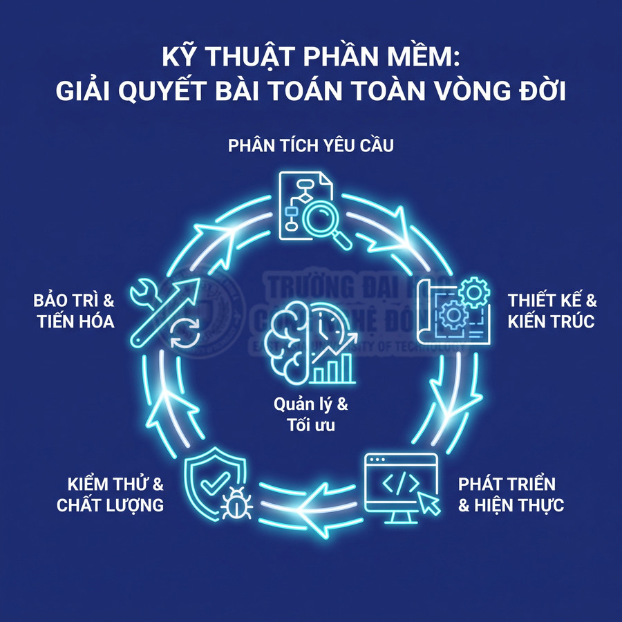 Vòng đời kỹ thuật phần mềm với các giai đoạn phân tích yêu cầu, thiết kế, phát triển, kiểm thử và bảo trì