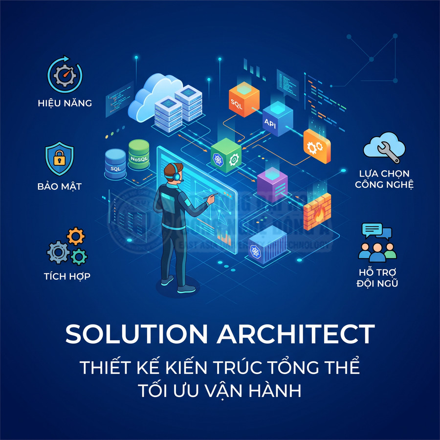 Minh họa solution architect thiết kế kiến trúc hệ thống với cloud, SQL, NoSQL, API và các yếu tố hiệu năng bảo mật tích hợp