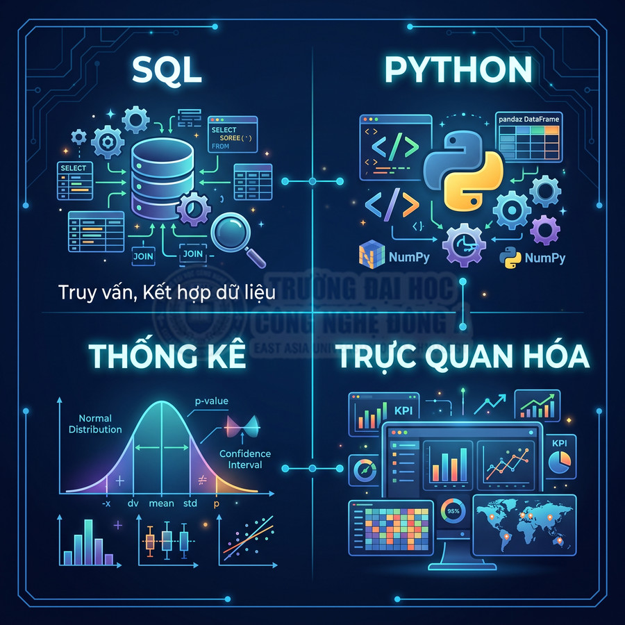 Minh họa khóa học SQL Python thống kê và trực quan hóa dữ liệu với biểu đồ và biểu tượng NumPy