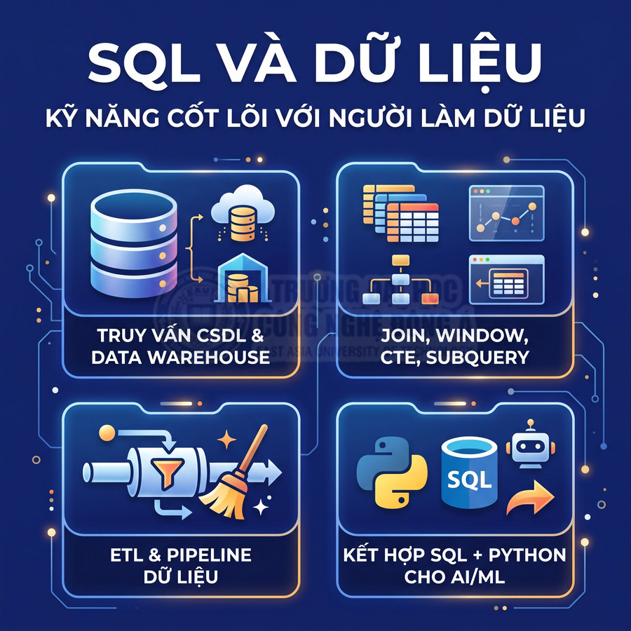 Poster giới thiệu khóa học SQL và dữ liệu với các kỹ năng truy vấn, ETL, join và kết hợp SQL với Python cho AI ML