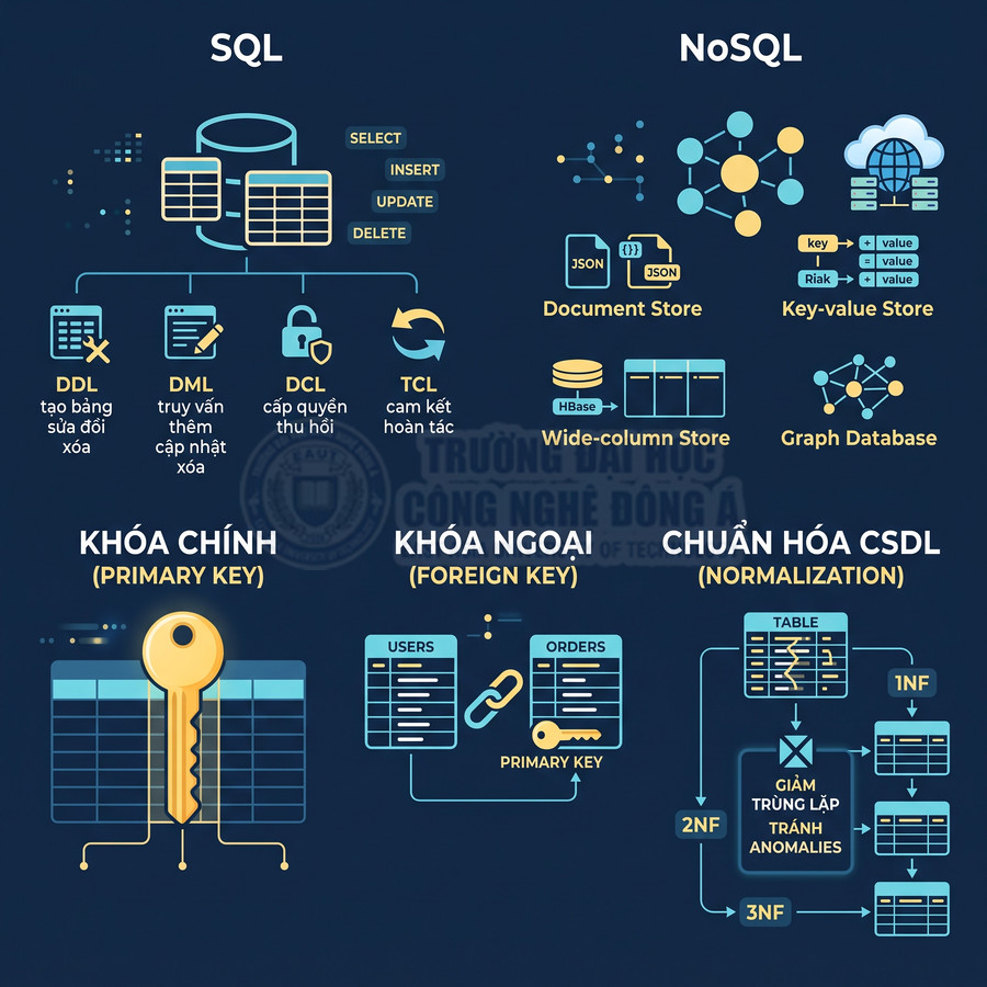 So sánh SQL và NoSQL, minh họa khóa chính, khóa ngoại và chuẩn hóa cơ sở dữ liệu bằng sơ đồ trực quan