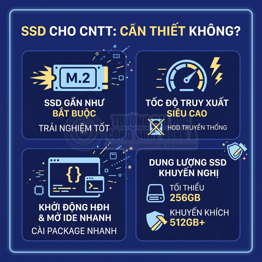 Infographic lợi ích SSD cho sinh viên CNTT, nhấn mạnh SSD M.2, tốc độ truy xuất cao và dung lượng khuyến nghị từ 256GB
