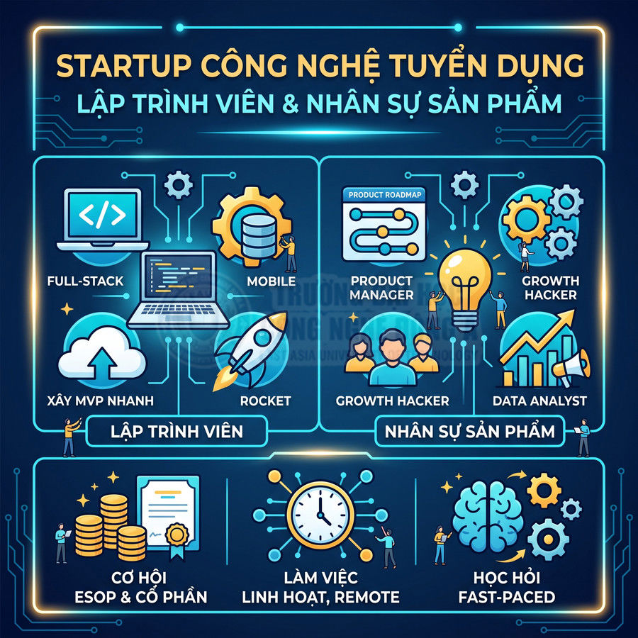 Poster tuyển dụng startup công nghệ cho vị trí lập trình viên và nhân sự sản phẩm với nhiều quyền lợi hấp dẫn