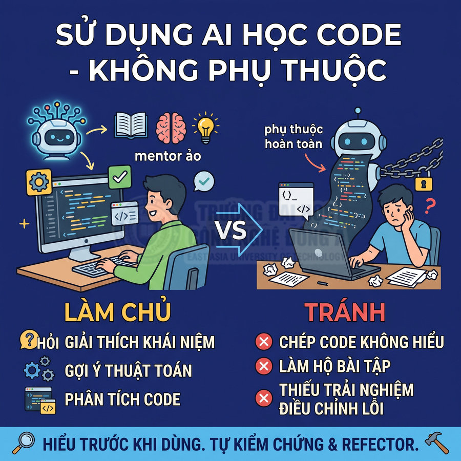 Minh họa cách dùng AI học lập trình đúng cách và sai cách với hình ảnh mentor ảo và robot bị xích