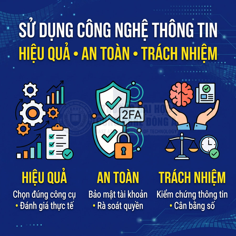Sử dụng công nghệ thông tin hiệu quả, an toàn và có trách nhiệm: chọn công cụ phù hợp, bảo mật tài khoản, kiểm chứng thông tin.
