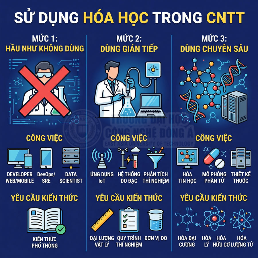 Infographic sử dụng hóa học trong CNTT với ba mức độ kiến thức và các nhóm công việc liên quan