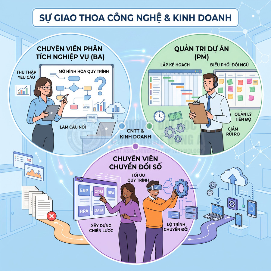 Minh họa các vị trí BA, PM và chuyên viên chuyển đổi số trong giao thoa công nghệ và kinh doanh