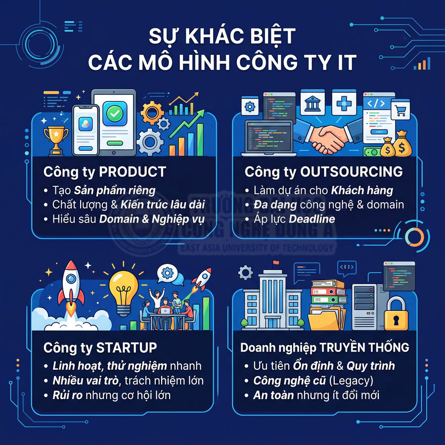 Infographic so sánh sự khác biệt giữa các mô hình công ty IT product outsourcing startup và doanh nghiệp truyền thống