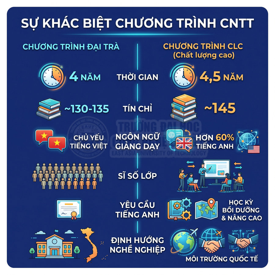 So sánh chương trình CNTT đại trà và chất lượng cao về thời gian học, tín chỉ, ngôn ngữ, sĩ số và định hướng quốc tế