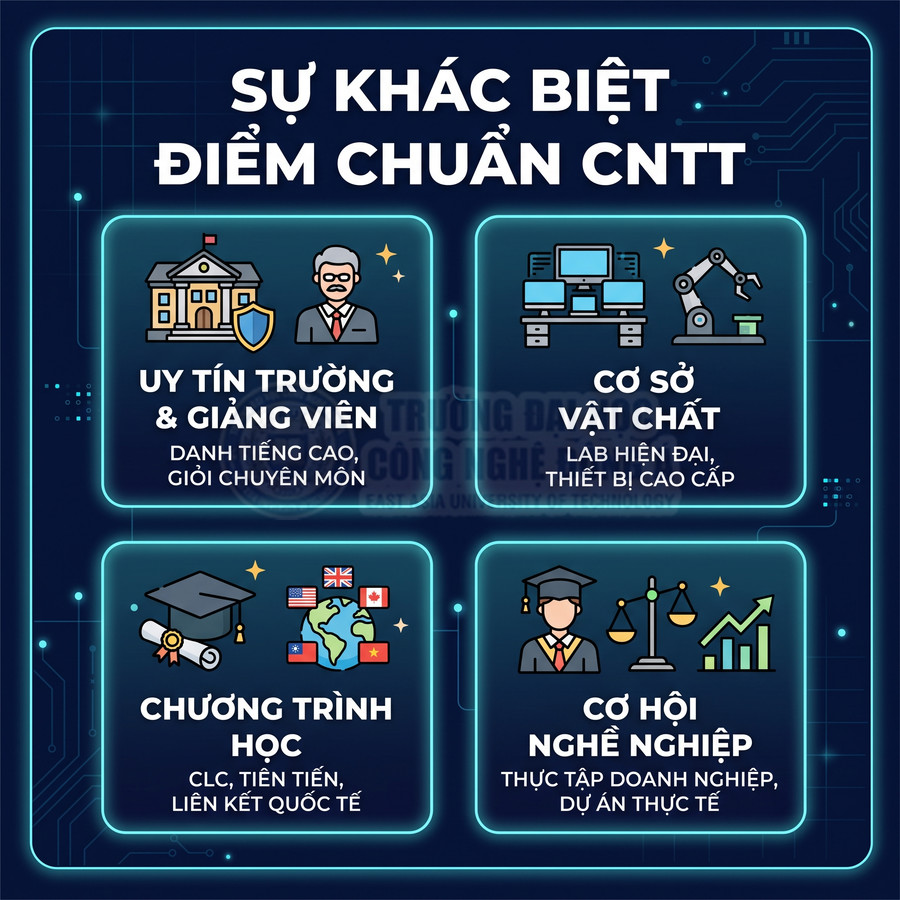 Infographic giới thiệu lợi thế ngành công nghệ thông tin về uy tín trường, cơ sở vật chất, chương trình học và cơ hội nghề nghiệp